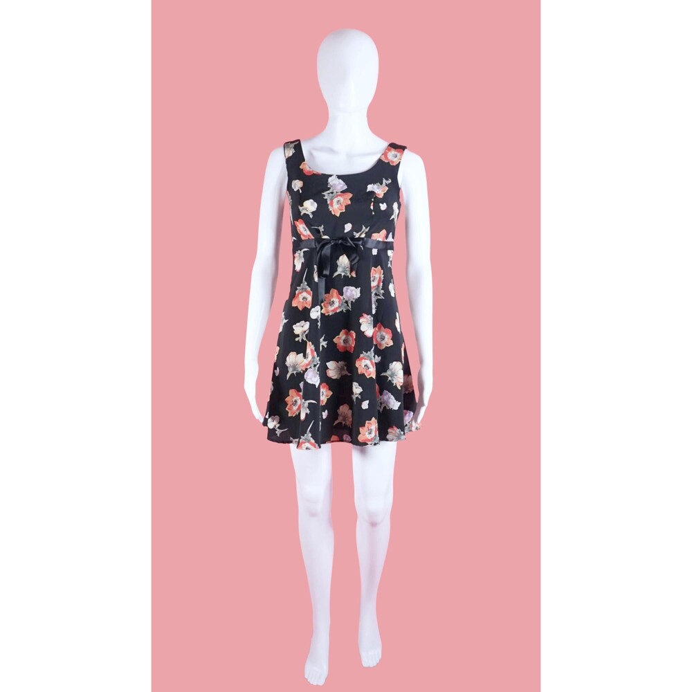 1990s-Y2K ANNA U.S.A Black Floral & BUTTERFLY Print BABYDOLL Mini Dress. XS
